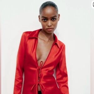 ZARA NEW -Satin Effect Red Jacket with Ties. Size XS.